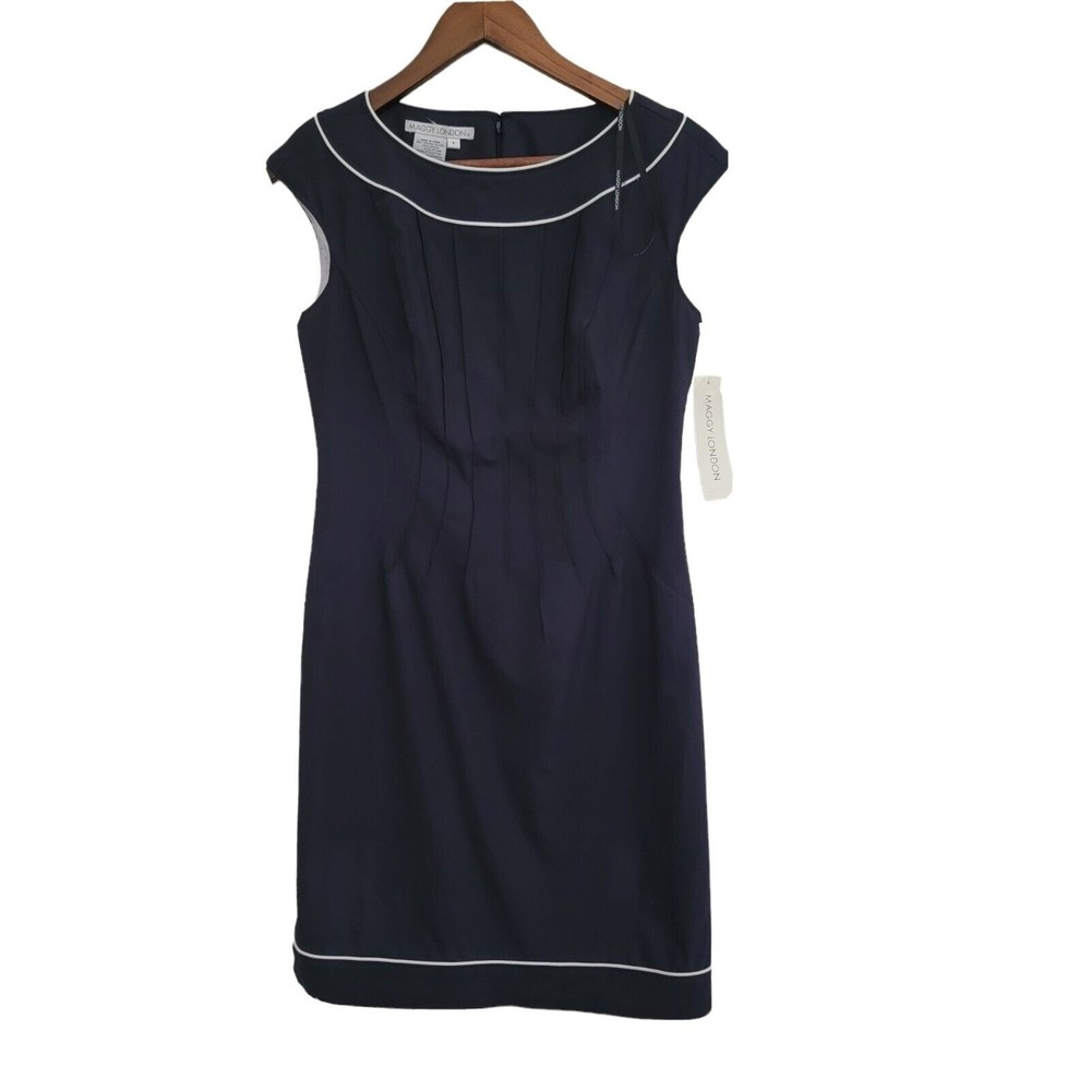 Maggy London Sleeveless Navy Blue Dress White Trim‎ Women's Size 6